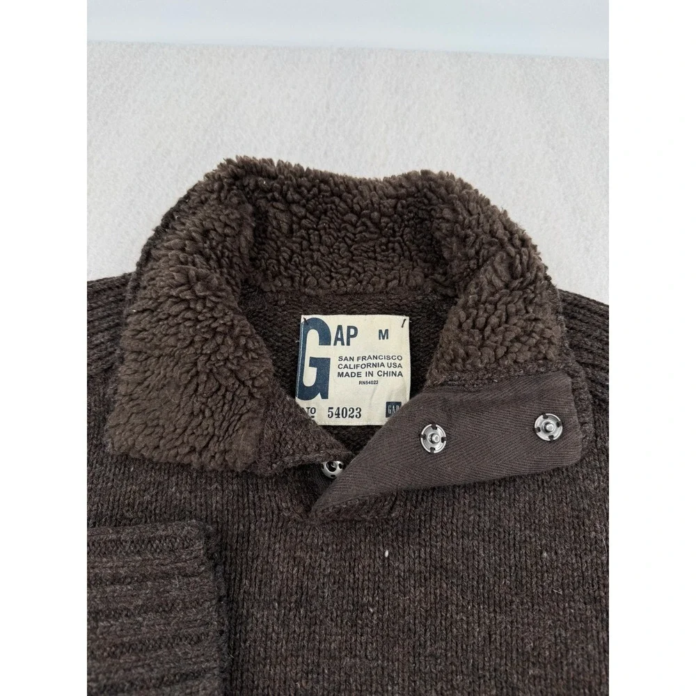 Y2K GAP Mens M Wool/Nylon Sherpa Lined Mock Neck Snap Sweater Brown Heavyweight